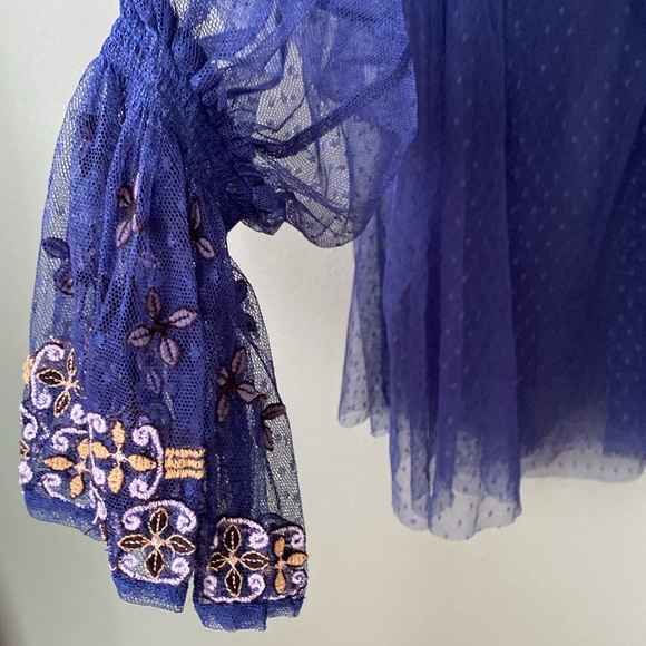 NWT women Sz XS/S oversized rare navy blue sheer glam chic embroidered blouse - Picture 7 of 12